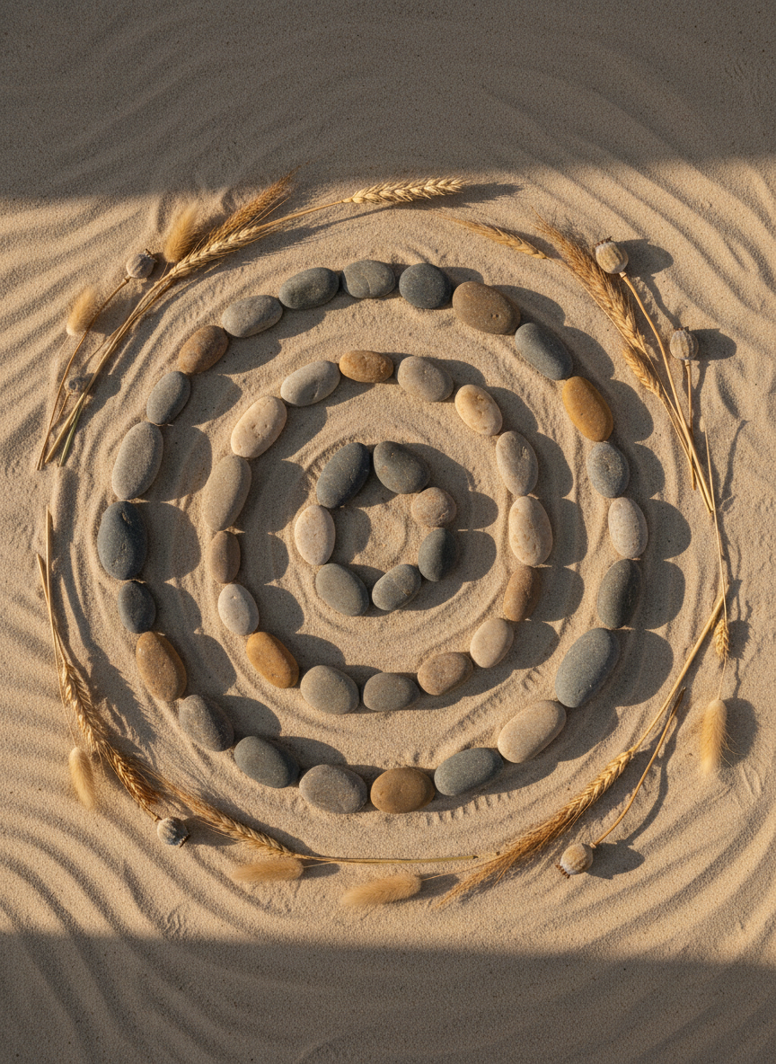 A circular arrangement of smooth river stones in muted grays and warm taupes forms a spiral pattern on a sandy, neutral-toned surface, symbolizing natural hormonal cycles and the BodyRhythm™ Method. Delicate dried grasses and seed pods are placed at intervals around the spiral, suggesting stages of a woman’s life over 40 without depicting people. Soft, diffused golden-hour light from the left creates subtle highlights on the stones’ textures and long, graceful shadows that emphasize depth and movement. Photographic realism with a slightly elevated angle and centered composition conveys balance, wisdom, and continuity. The atmosphere feels grounded, sophisticated, and quietly powerful, ideal for an educational section explaining menopause as a natural rhythm rather than a problem.