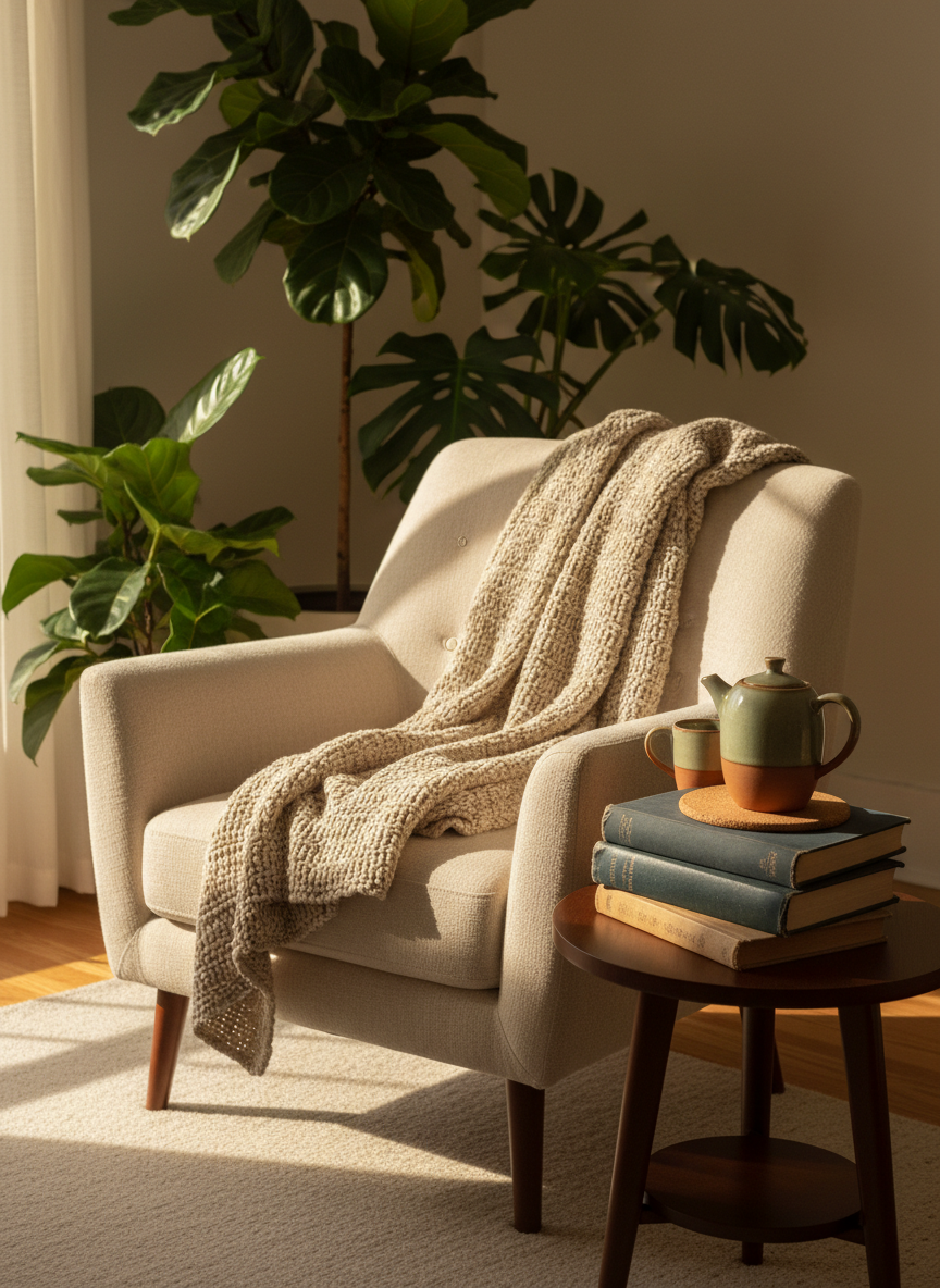 A warmly lit living room corner featuring an inviting reading chair draped with a textured, oatmeal-colored throw blanket and a small side table stacked with well-used hardcover health and wellness books, their spines turned away to avoid visible text. A ceramic teapot and cup in soft earthy tones rest on a round cork coaster. In the background, tall indoor plants with broad, deep-green leaves add life and organic shapes. Late-afternoon natural light pours through an unseen window, casting soft, elongated shadows and a cozy golden glow. Photographic realism, shot from a slightly elevated, three-quarter angle with moderate depth of field, creates a sophisticated yet approachable atmosphere, representing a comfortable, non-clinical space where women 40+ might explore understanding menopause.